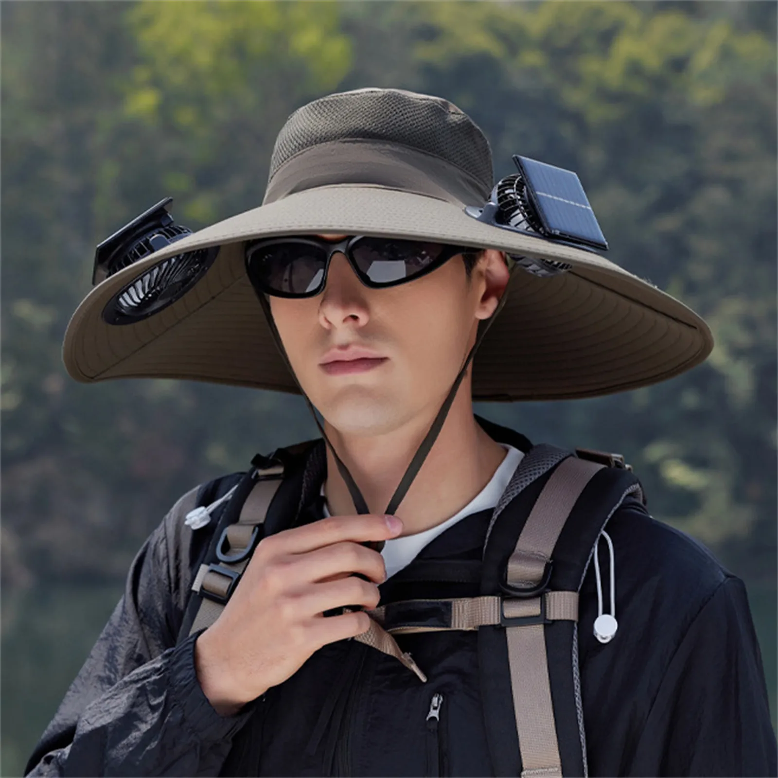 

Two Solar Fans Wide Brim Breathable Sun Hat Windproof Chin Strap suitable for Mens Outdoor Fishing Hiking Garden Working Summer