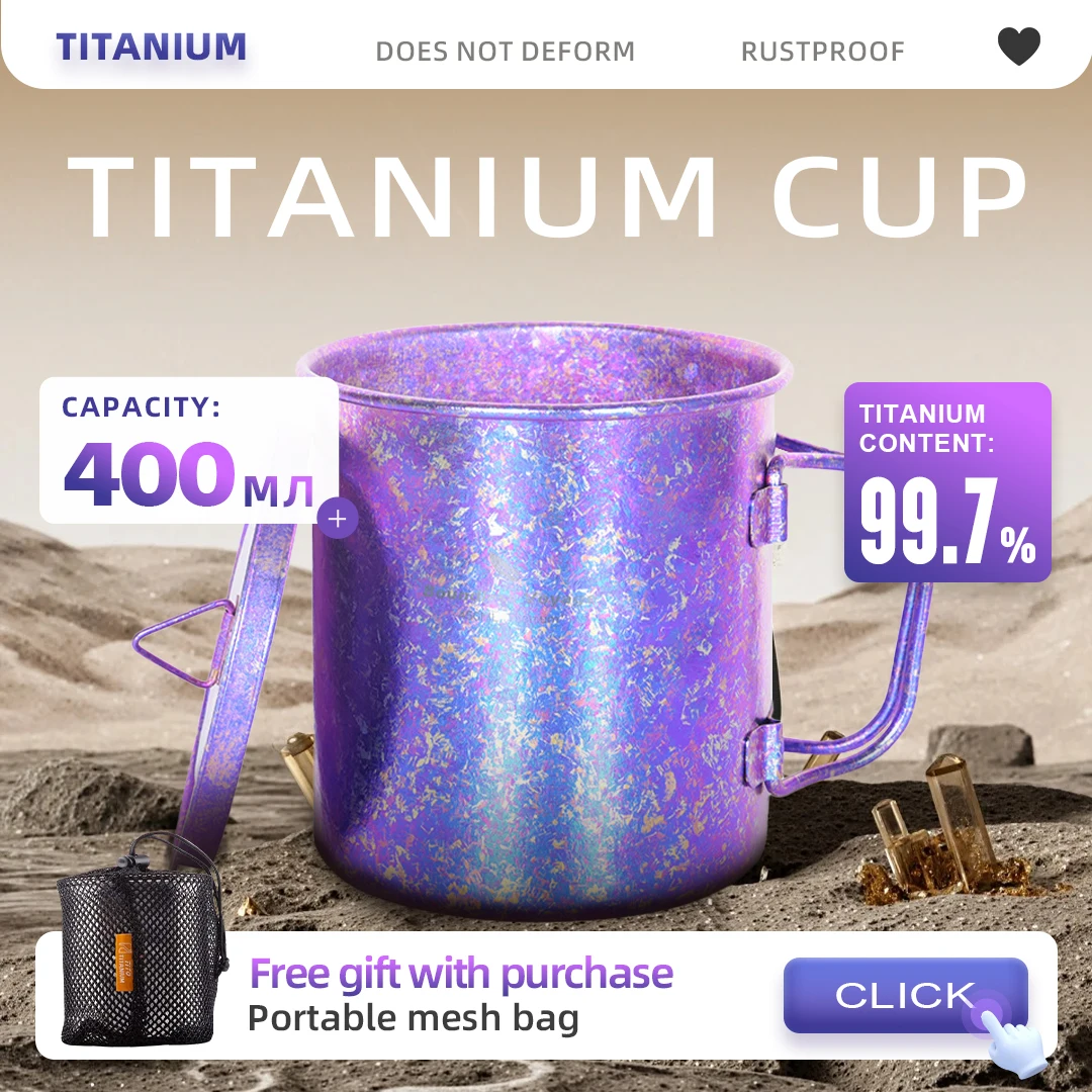 400ML Food-Grade Pure Titanium Collapsible Travel Mug with Lid Handle Non-Magnetic Rust-Proof for Outdoor Camping Hiking Trips