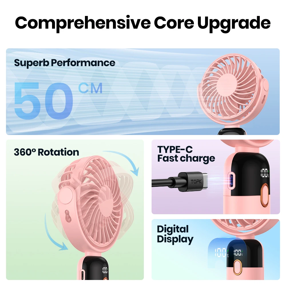 TOPK Mini Portable Handheld Fan USB Rechargeable Fan 360° Rotatable Handheld and Neck 2in1 Cooling Hand Fans Ventilation Fan