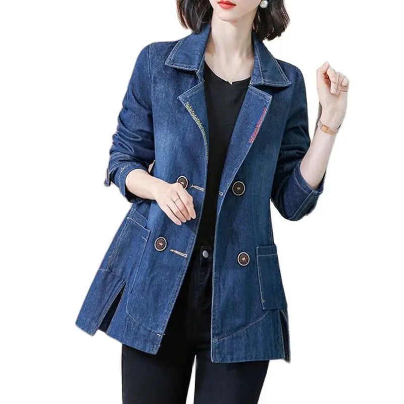 Denim Jacket Coat Women Double Breasted Full Sleeves Vintage Windbreaker Female Long Jean Jacket Outerwear Tops NewSpring Autumn