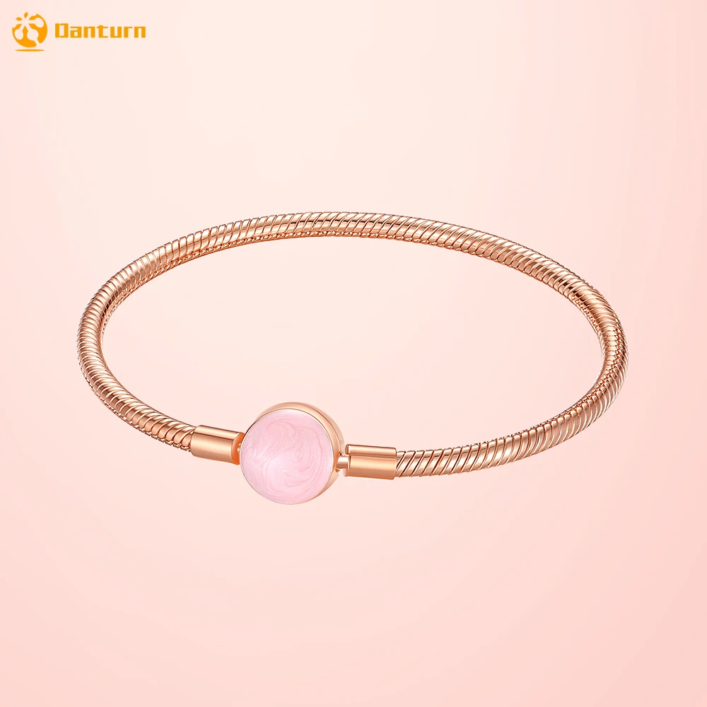 Danturn 925 Sterling Silver Bracelets Large pink slip-edge Rose Gold Clasp Snake Chain Bracelets Fashion Charm Women Bracelets