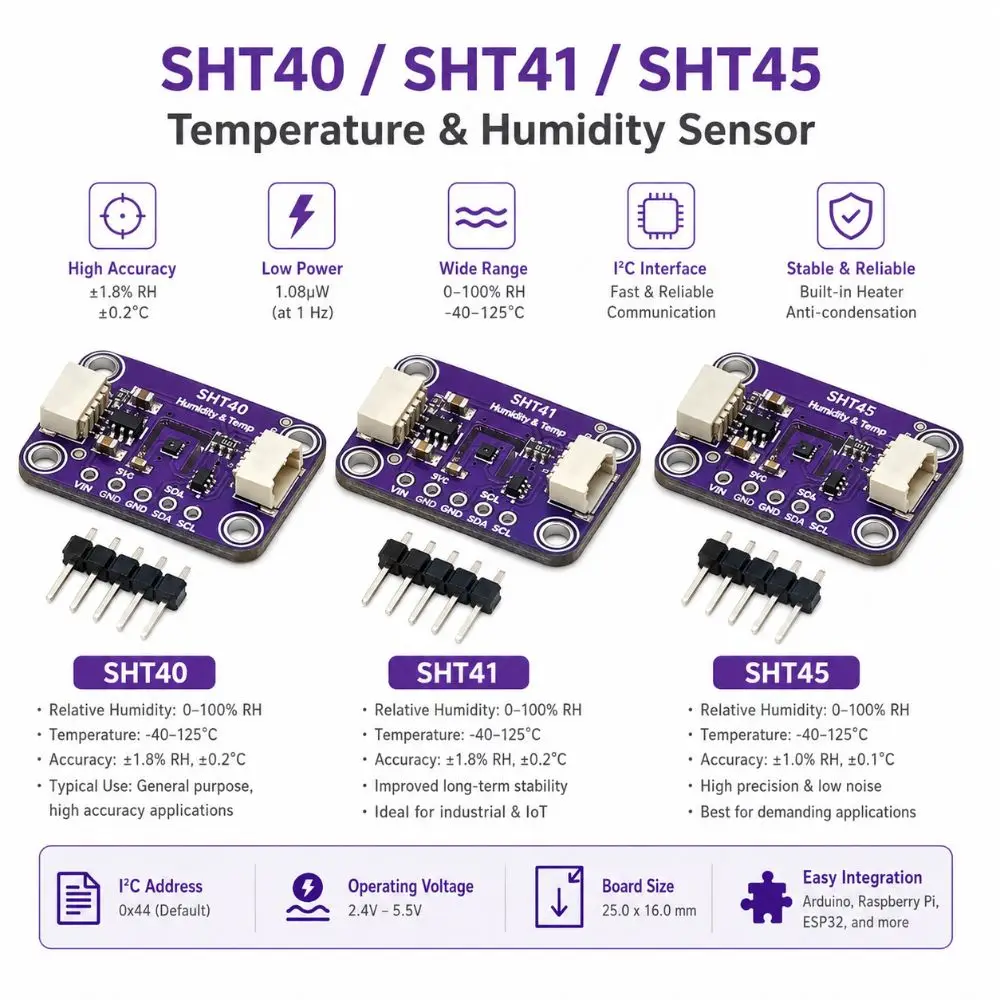 SHT40 SHT41 SHT45 Temperature Humidity Module 3.3V-5V Low Power Humidity Monitoring Sensor IIC I2C for QWIIC