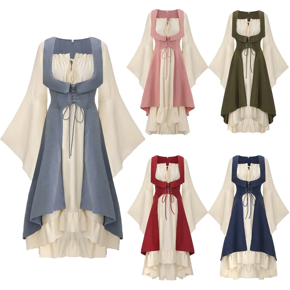 

Новый комплект из двух предметов: платье с длинными рукавами, оборками и шнуровкой в средневековом стиле на Хэллоуин, с наплечными ремнями