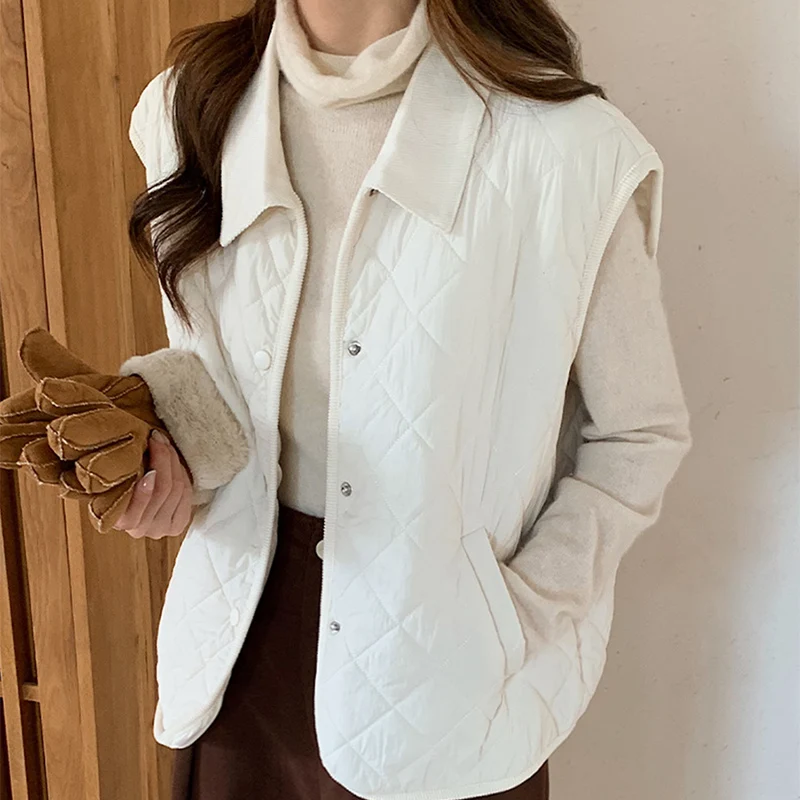 

Autumn Winter Women's Sleeveless Cotton Jacket Basic Simple Turn Down Collar Waistcoat Casual All-Match Office Lady Warm Coats