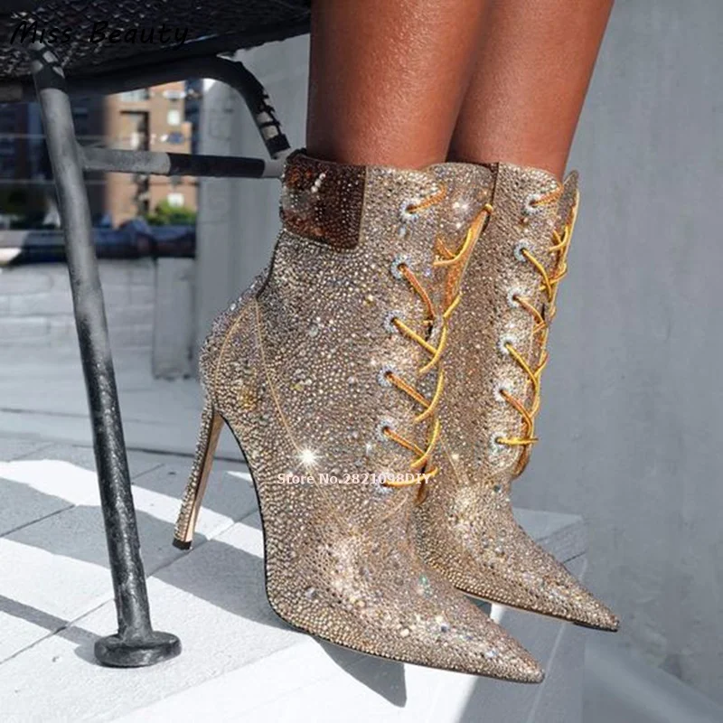 Gold Crystal Color Patch Lace Up Thin Heels Sexy High Heel Ankle Boots Women Pointy Toe Biker Boot