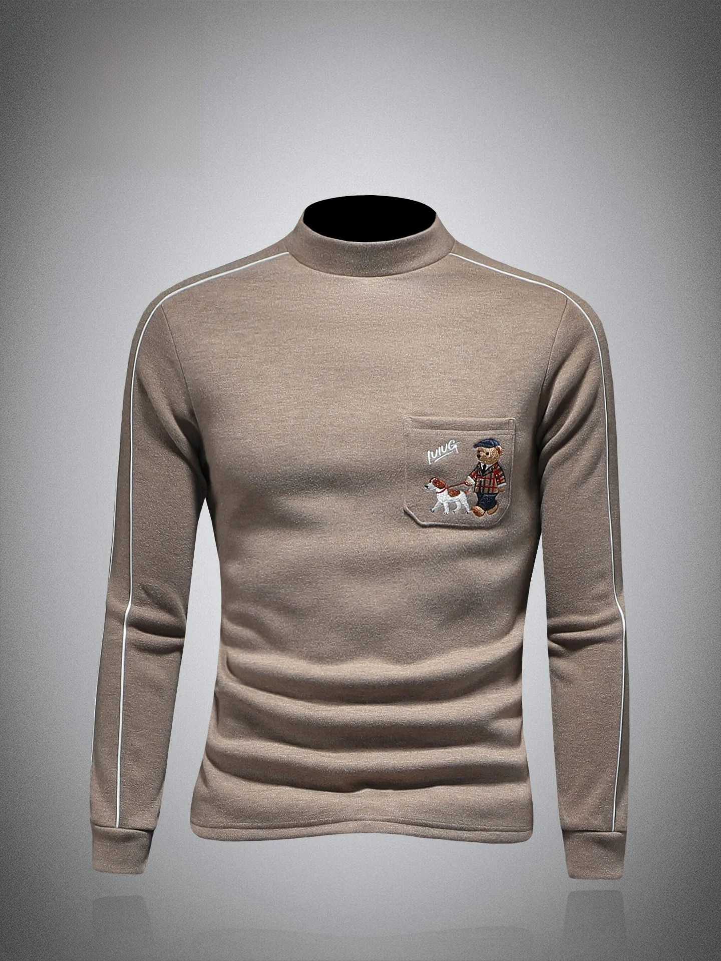 

Мужская утепленная футболка с вышивкой, высоким воротником и длинным рукавом, зимний теплый топ, повседневный стиль, смесь полиэстера