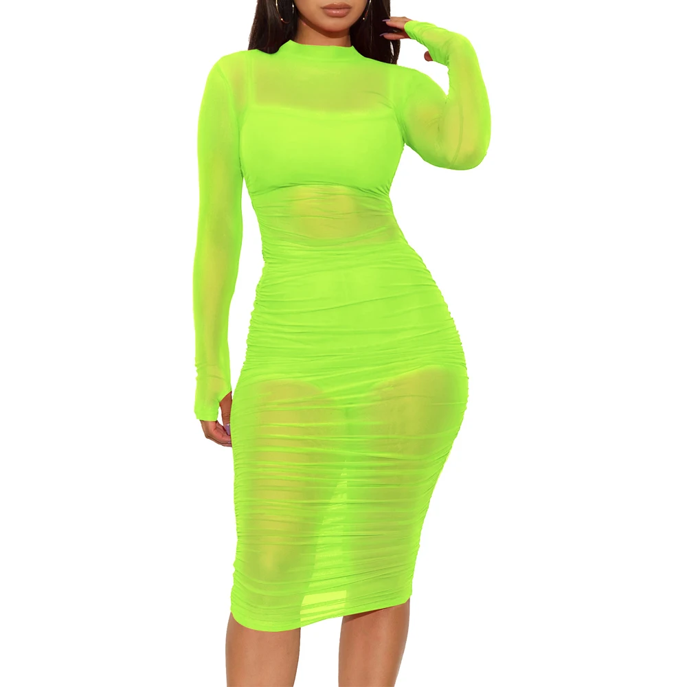 Sexy Mini BodyCon Dress Lace Mesh See Through Party Dresses Women Slim Clubwear Solid Long Sleeve Basic Female Outfits