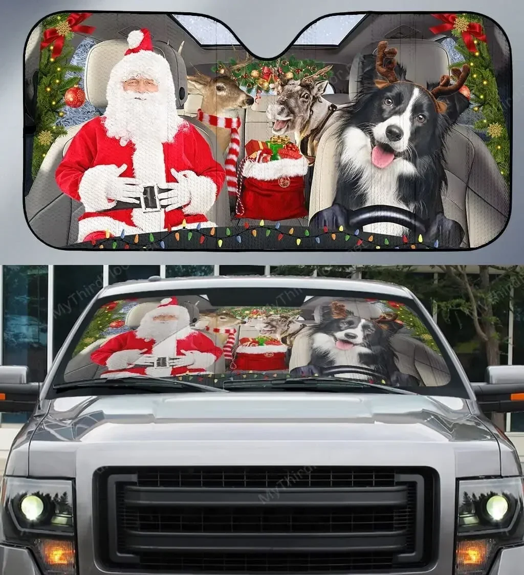 Funny Border Collie Santa Family Driving Dog Lover Car Sunshade Windshield Window, Gift for Border Collie Lover, Car Windshield