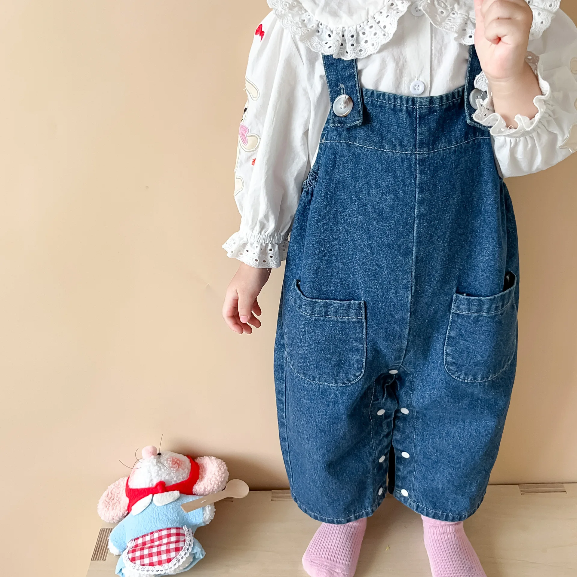 Cute Baby Girls Overalls 0-24Months Kids Bunny Ear Ball Loose Denim Jumpsuit Suspender Pants Jeans Outwear Spring Autumn Clothes