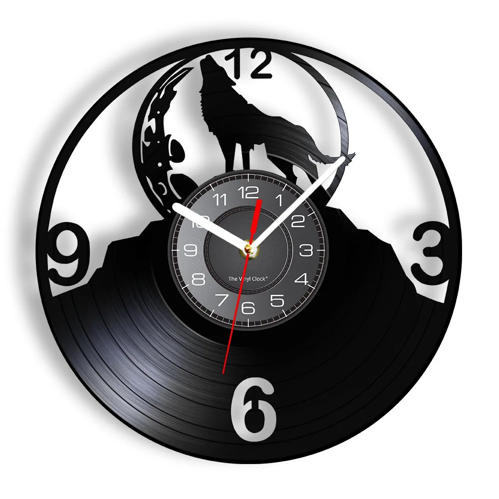 Howling Wolf Silhouette on Moon Wall Clock Full Moon Tribal Wolf Animal Wall Art Vinyl Record Wall Clock Wolves Admirers Gif