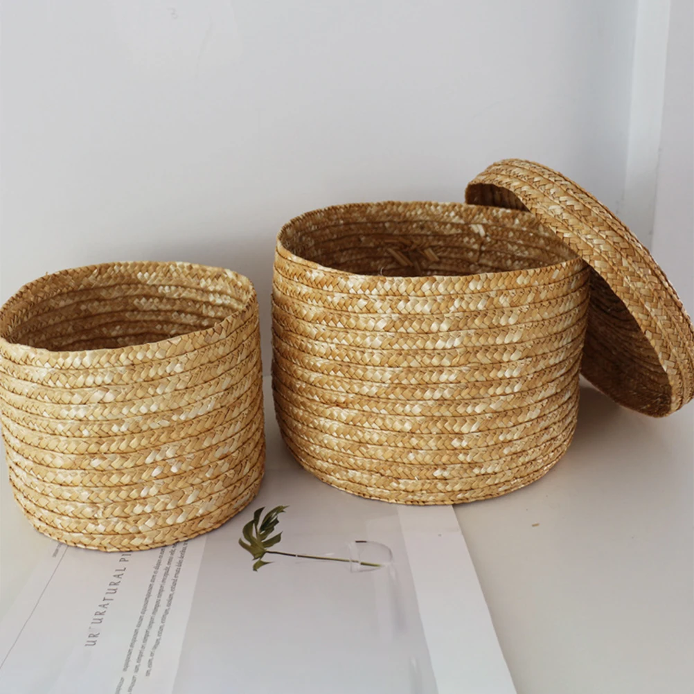 

Straw Storage Basket Woven Baskets for Daily Supplies Snack Fruit Vegetable Egg Lidded Kitchen ganization Containers