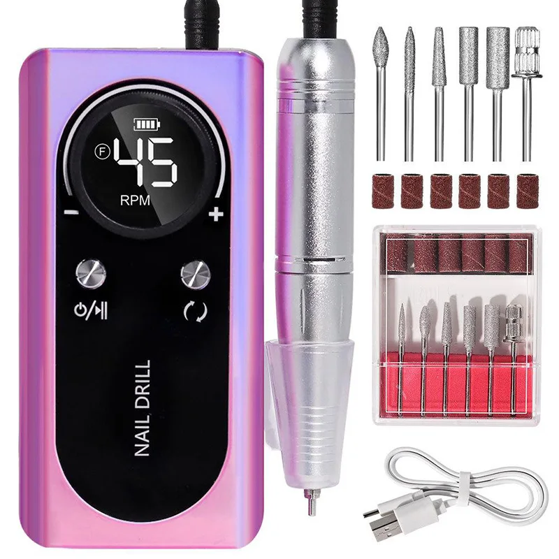 

Rechargeable 45000rpm Nail Drill Machine Electric Portable Nail File With Lcd Low Noise Professional Electric Nail Drill Set New