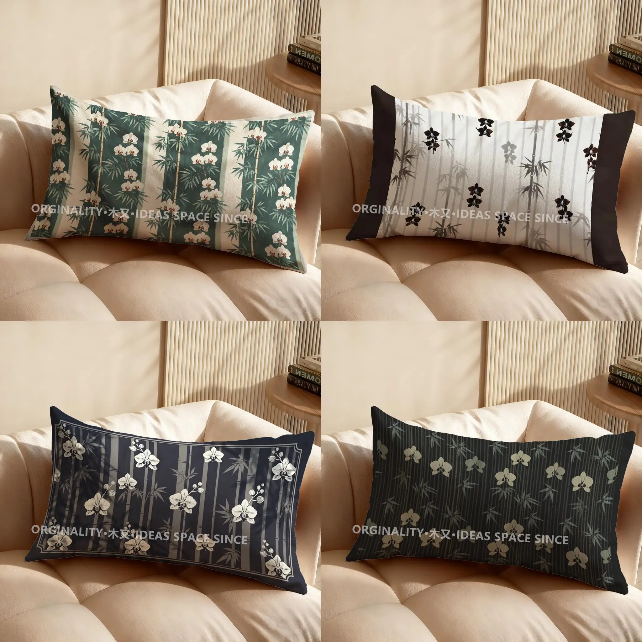 2D Bamboo & Orchid Pattern Pillowcase Suitable For Sofa Bedroom Car Pillow Cover Cushion Rectangular Back Cushion