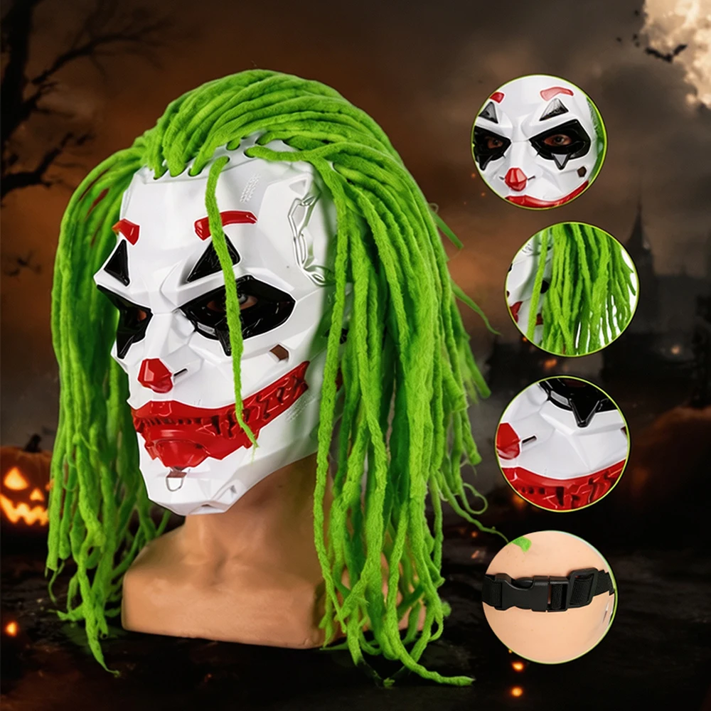 Maschera decorativa a tema horror, maschera da clown con parrucca verde a tema horror e visiera trasparente, dimensioni 22x16x26 cm, realizzata in resina ABS, ideale per Halloween, giochi di ruolo,