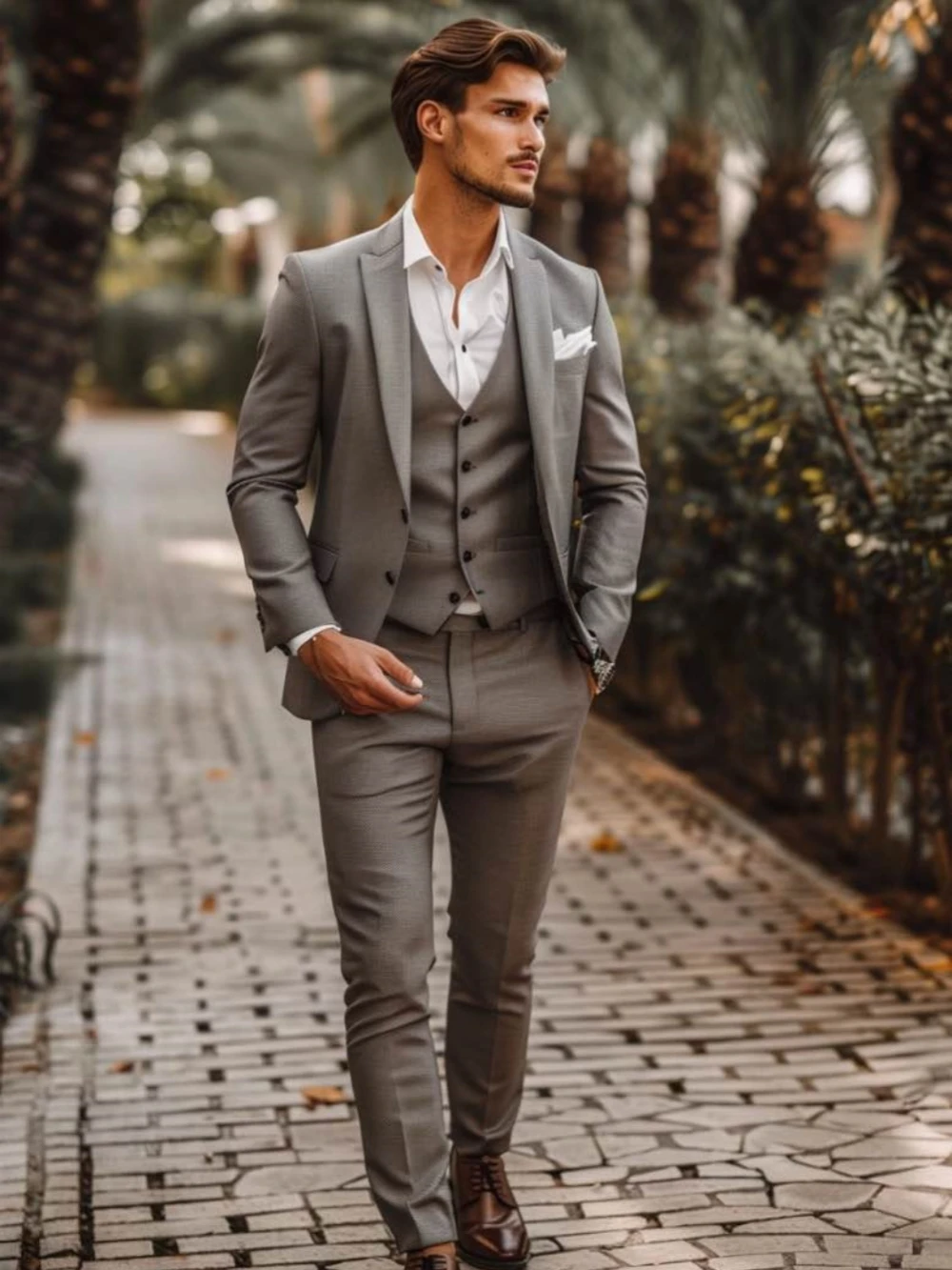 2026 New Men's Grey Formal Suit Set 3 Pieces Jacket Vest Pants Wedding Groom Sets Handsome Classic Tuxedo For Men Dancing Wear