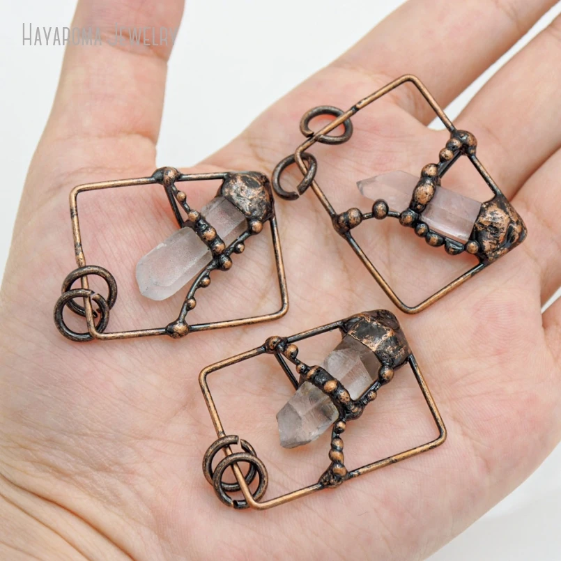

10Pcs Copper Electroformed Clear Quartz Pendant Solder Jewelry Charm Natural Stone Statement Handmade Boho Gift