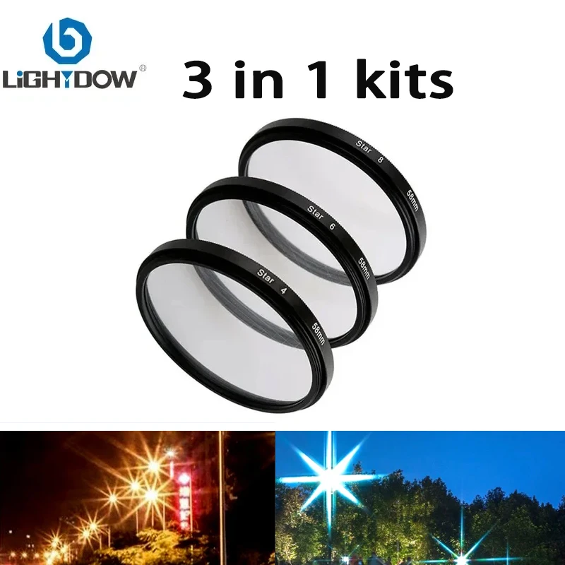 Lightdow 4 6 8 Line Lens Filter 3 in 1 Kit 49mm 52 55 58 62 67 72 77mm Lens filter for Canon Nikon Camera