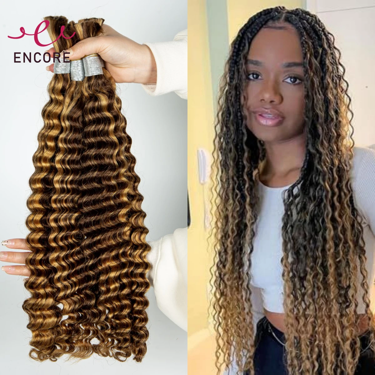 

28Inch Highlight Ombre 100% Virgin Human Hair Bulk for Boho Braided Extensions No Weft Deep Wave Human Hair Bundles for Braiding