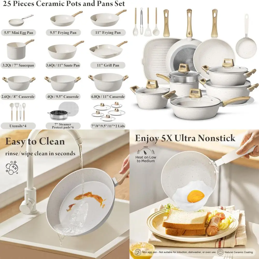 

25-Piece Non-Stick Ceramic Cookware Set with Mini Egg Pan, Healthy, Induction-Ready, Cream White