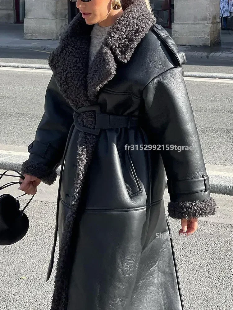 Frauen Luxus Langarm Pelz Spleißen Leder mäntel Mode Revers übergroße warme verdickte Jacke 2024 Dame kurz geschnittene Street Outwear