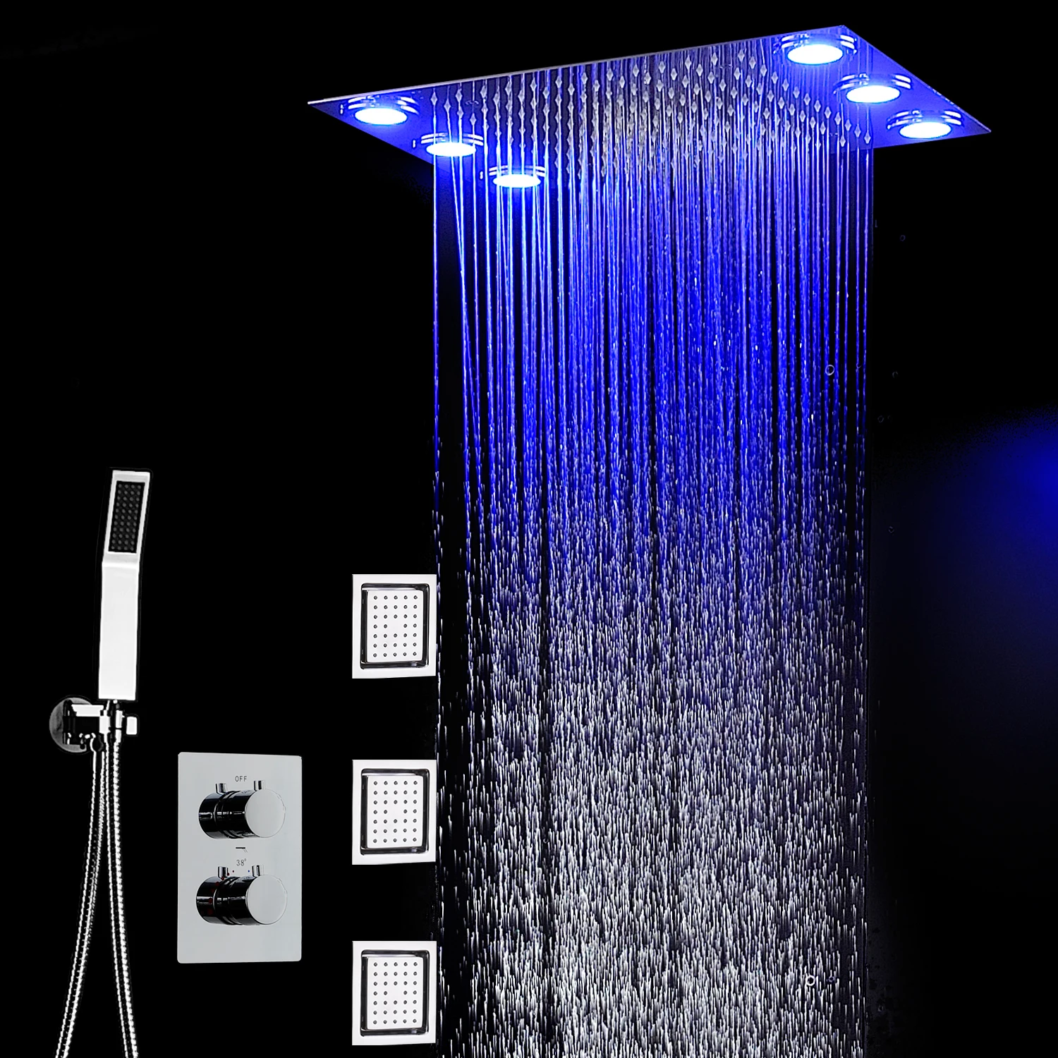 hm Bathroom Ceiling LED Shower Set 360×500MM Square Rainfall Shower Head Panel Thermostatic Mixer Faucets With Massage Body Jets