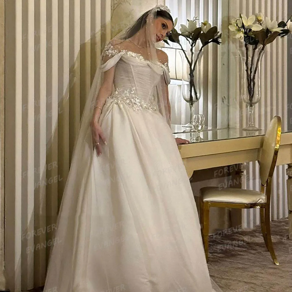 

Simple A Line Formal Wedding Dresses Woman's Appliques Sweetheart Off Shoulder Bride Gowns Sleeveless Vestidos Novia Customized