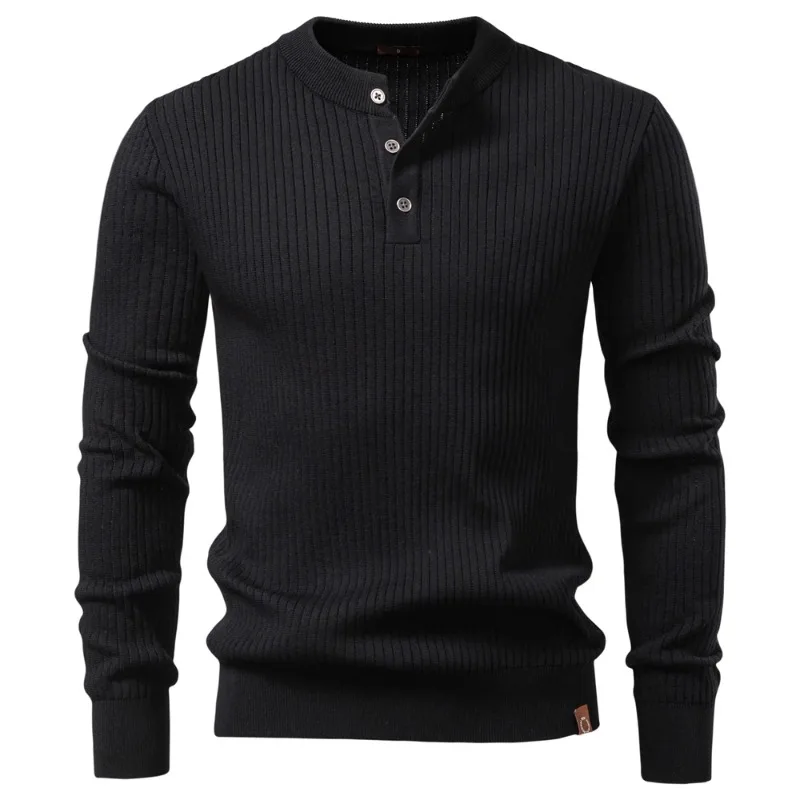 Button Placket Polo Shirt Men Ribbed Stripe Long Sleeve Contemporary Fit Minimalist Autumn Winter
