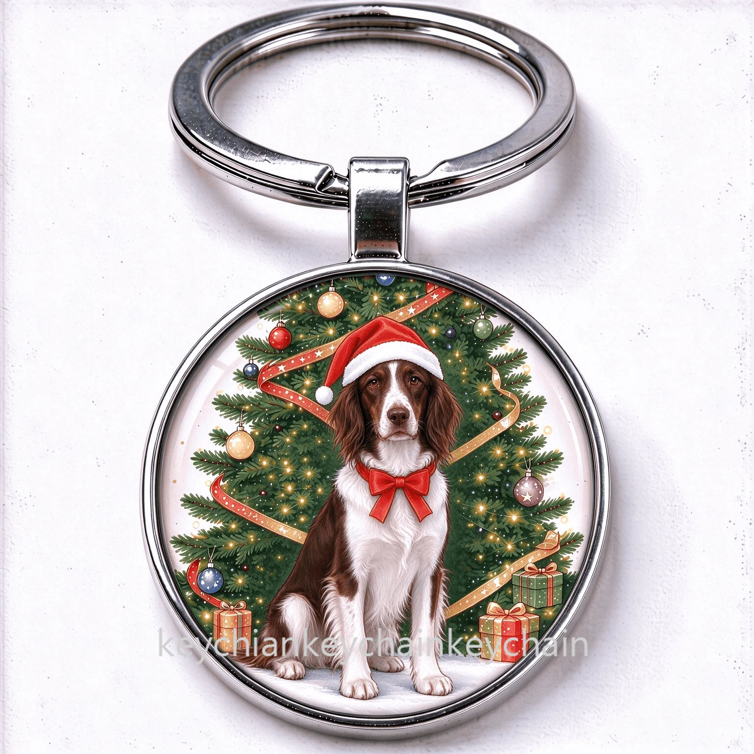 Christmas English Springer Spaniel Dog Key Chain Round Keyring Cute Puppy Christmas Holiday Present for Pet Fans
