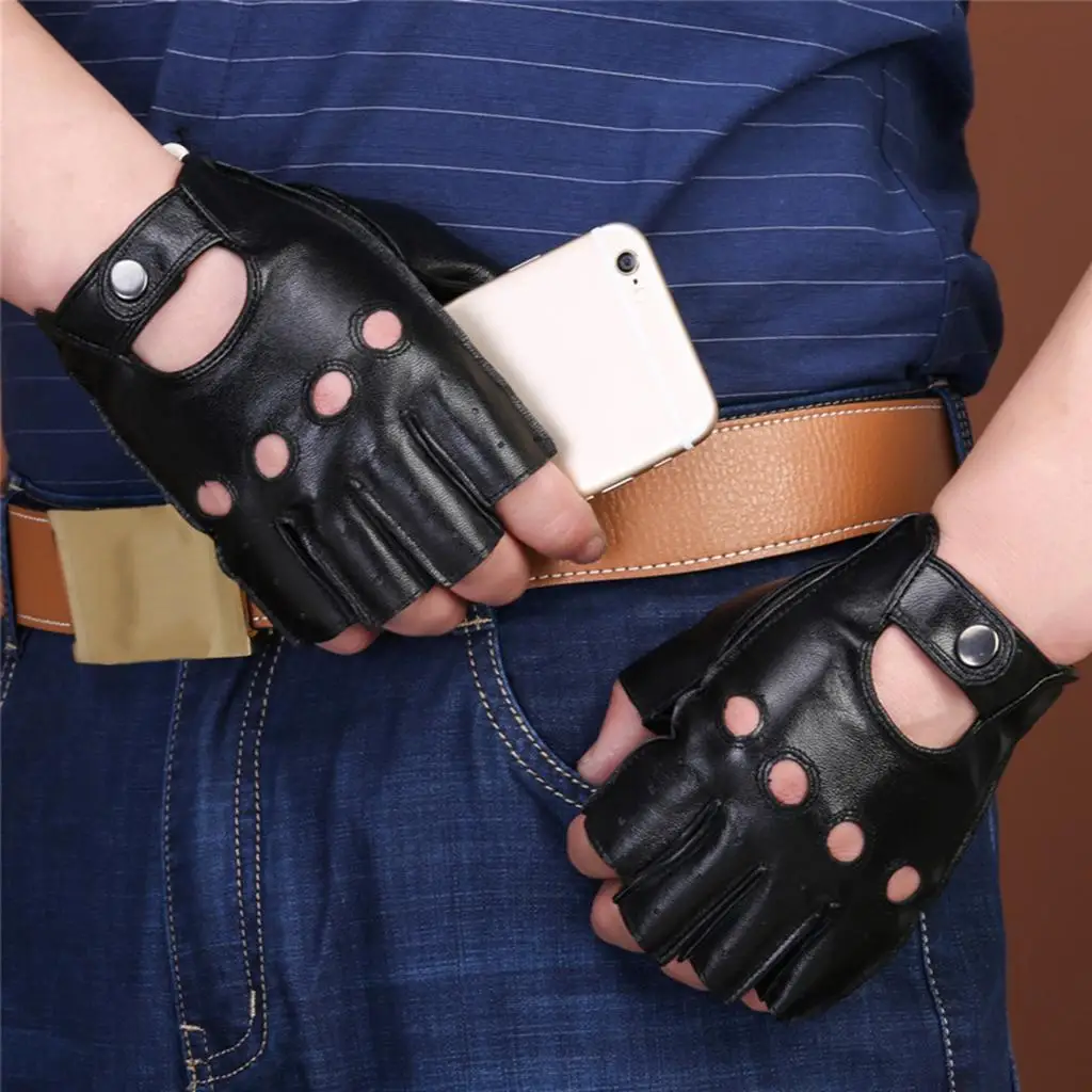 Retro PU eather Men Fingerless Driving Cycling Gloves