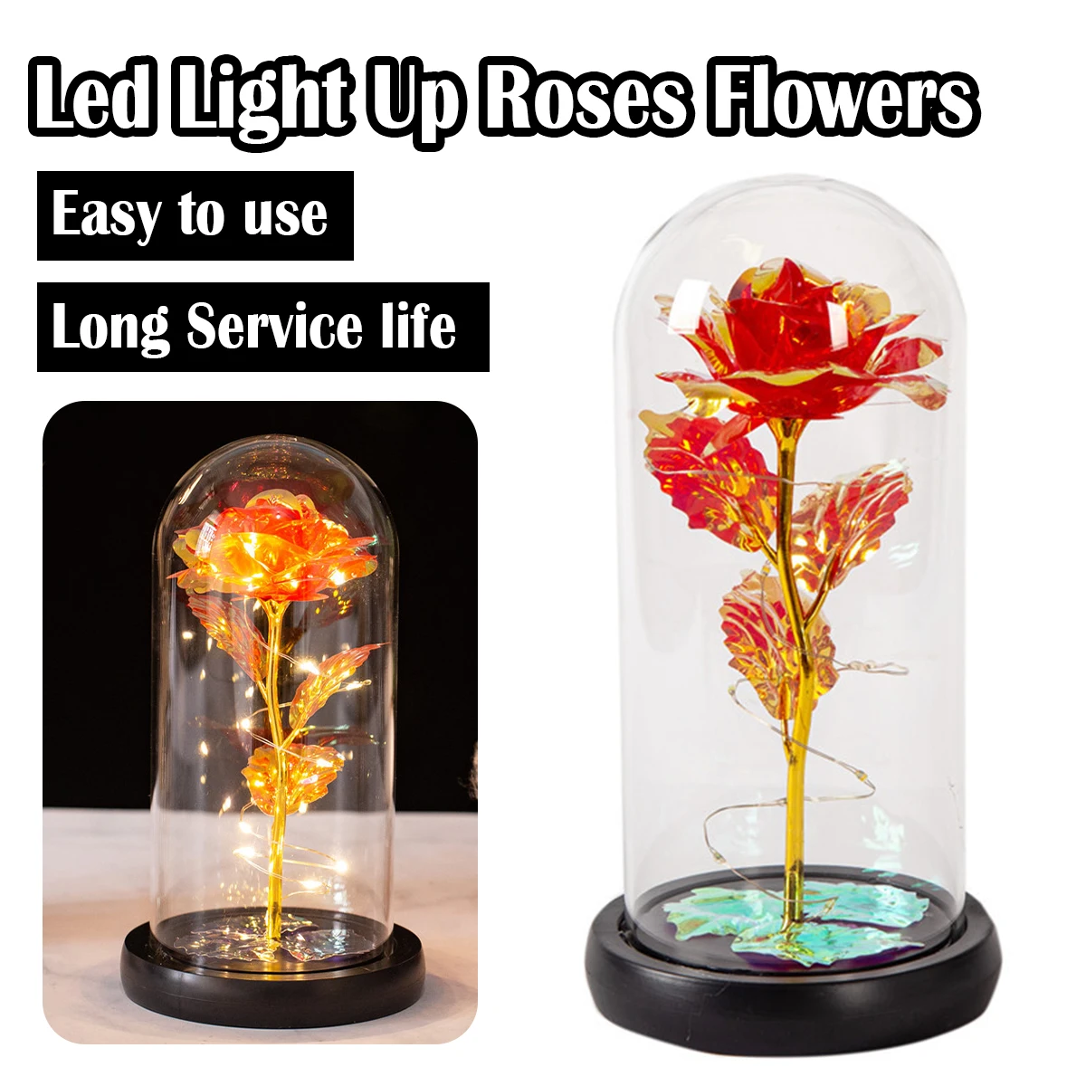 Fairy Led Enchanted Decoration Lights Beast With Handmade Rose Eternal Flowers In Beauty Dome Christmas For Flower Flashing Home