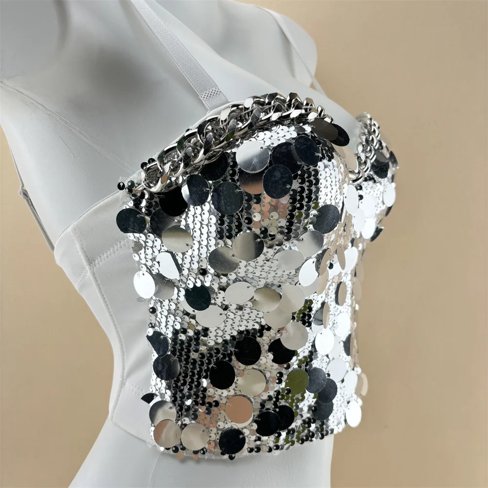 Fish Scale Flake Chain Fishbone Corset Women Nightclub Spice Girl Bustier Tops Hand Sewn Fixed Cups Beauty Back Bra