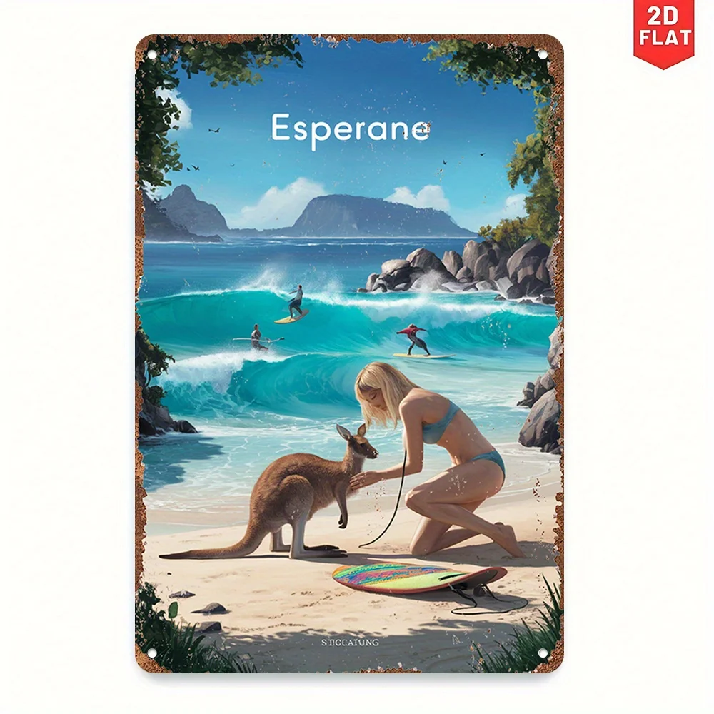Vintage Surf & Nature Metal Wall Art Sign -  Surfing Kangaroo & Surfer Scene with Esperane Text, Durable Indoor/Outdoor Decor