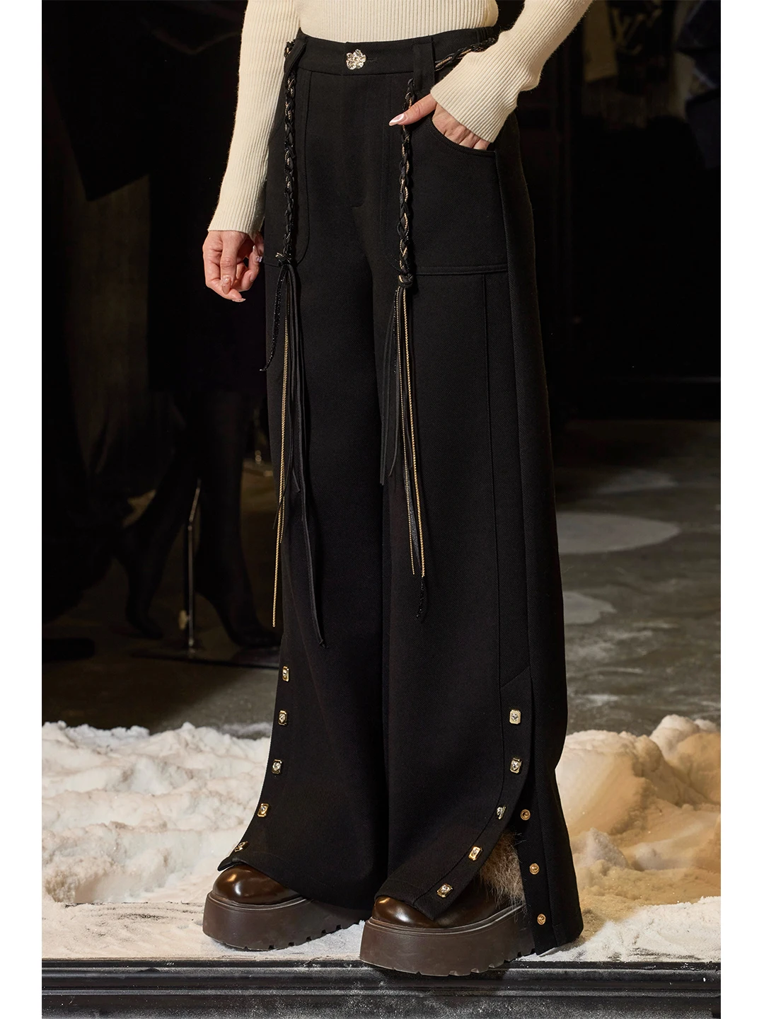 

Брюки TUNT осенне-зимние свободного кроя с прямыми штанинами, с тканым поясом, повседневные, для женщин, из дышащей полиэстеровой смеси