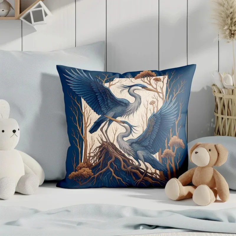 Blue Heron Pillow Cover Tropical Bird Cushion Case Forest Scenery Decor For Home Living Room Bedroom