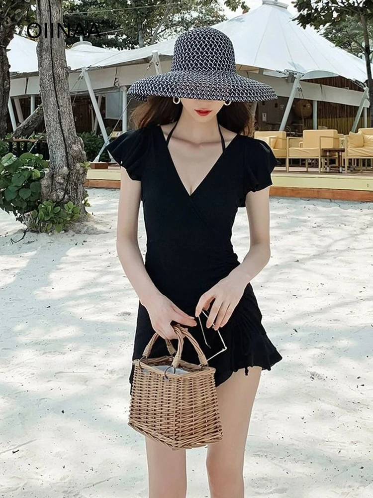 

OIINAA Black Swimsuit Women V Neck Ruffled Beach Dress Sexy Fashion Hot Spring Swimwear Summer 2025 New Monokini Swimsuit Dress