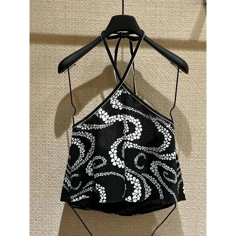 

2025 New Arrival Medium Strecth Casual Knitted Sleeveless Lace-up Short Shirt Floral Printed Vest Long Pants Suit