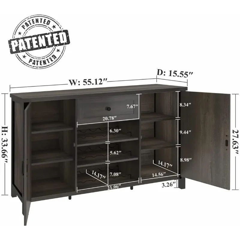 Industrial Coffee Bar Cabinet with Wine Rack, Wood Buffet and Sideboard with Storage Cabinet