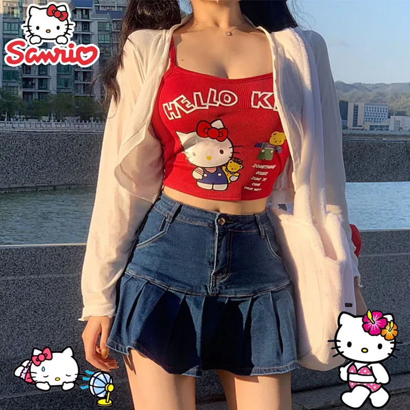 Sanrio-Camiseta sin mangas de Hello Kitty para mujer, camiseta Sexy Y2k, chaleco para niña, camisola de moda, ropa de verano sin mangas, Tops de calle, regalo