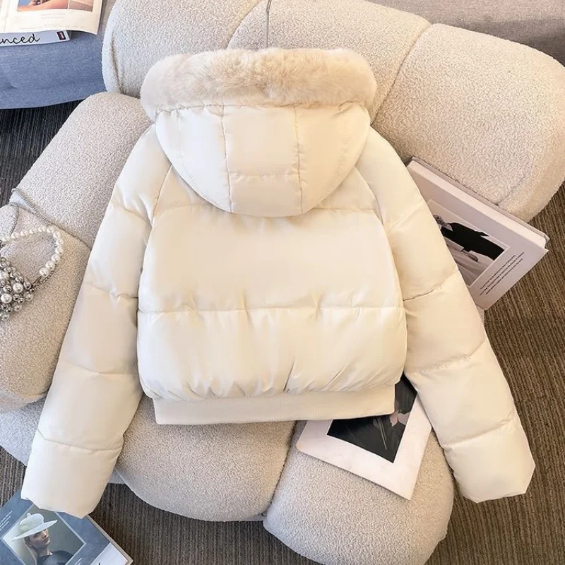 2025 Fashion Hooded Down Cotton Padded Coat Women's Winter Short Parkas Big Fur Collar Fleece Lining Outerwear Student Warm Casu