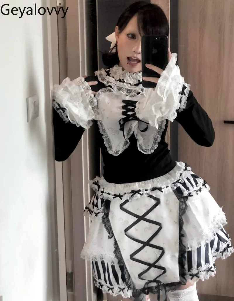 Gonna corta in pizzo a righe con cinturino originale giapponese Estate nuova ragazza dolce e carina Minigonne tutu SK sottocultura versatile