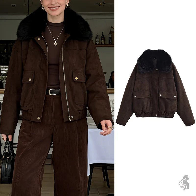 

Women's Brown Suede Jacket with Black Faux Fur Collar - Casual Loose Fit Coat with Pockets for Winter Fashion