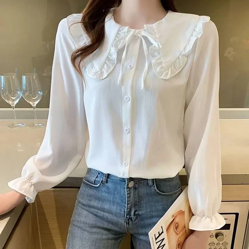 Japanese Style Sweet Autumn Women Solid Ruffles Bow Lacing Single Breasted Fashion Preppy Style Loose Long Sleeve Shirts Tops