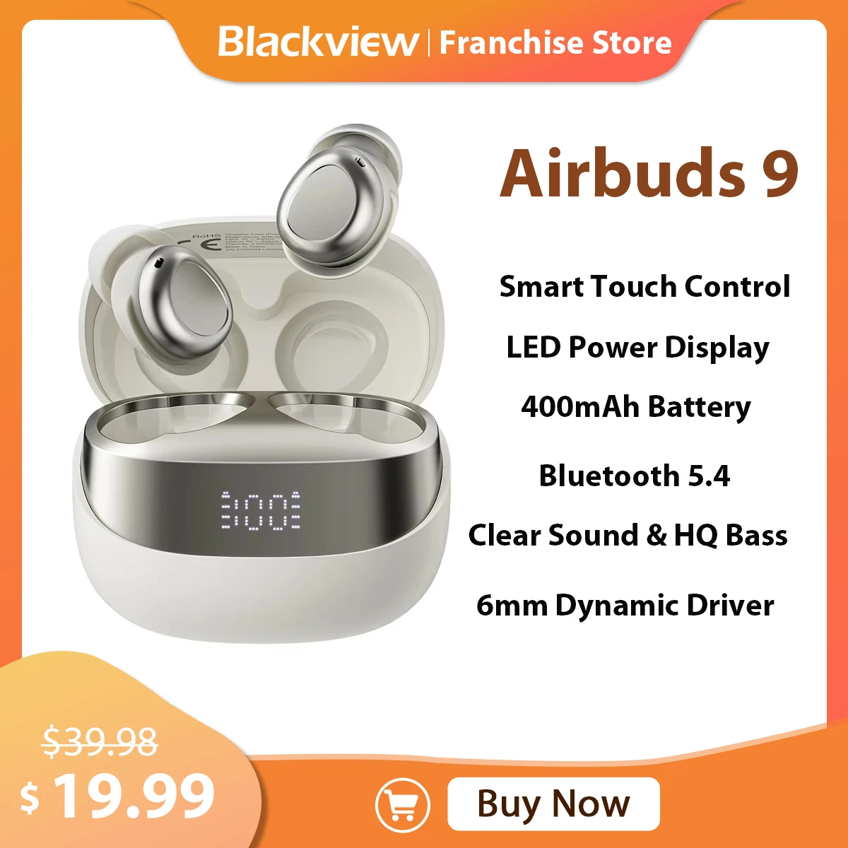 Гарнитура Blackview AirBuds 9, беспроводные наушники Bluetooth 5.4 TWS, наушники с сенсорным управлением и микрофоном, гарнитуры 400 мАч