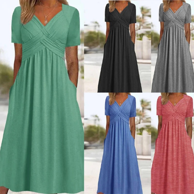 

Elegant Women's Summer Beach Long Dress Fashion Short Sleeve Office Pocket Loose Sundress Casual V-Neck High Waist Slim Dresses