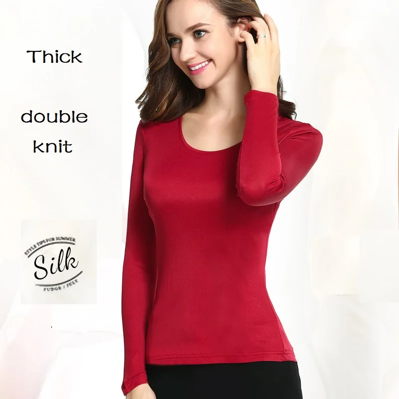 thick silk t shirt women red top spring thermal underwear shirts womens red tops winter clothes innerwear base layer woman black