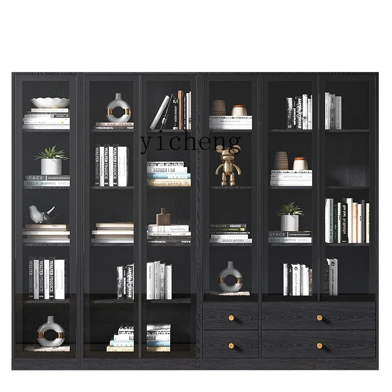 

TQH glass door bookcase solid wood modern simple office free combination bookshelf floor to wall with door