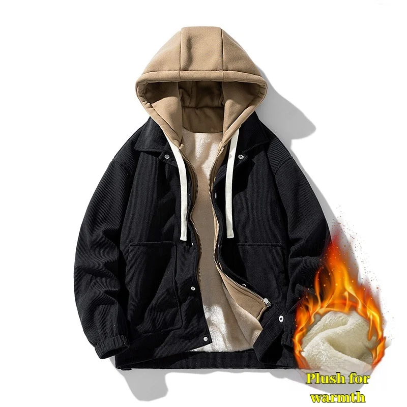 Winter Unisex Corduroy Hooded Jacket with Plush Insulation for Men's Hong Kong Style Holiday Two-piece Hoodie Jacket