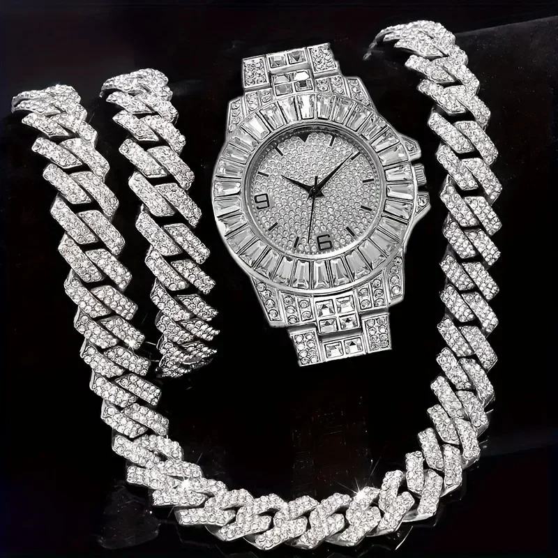3cps hot selling men's and women's hip-hop watch sets, men's Cuban necklace bracelet sets, Christmas gifts