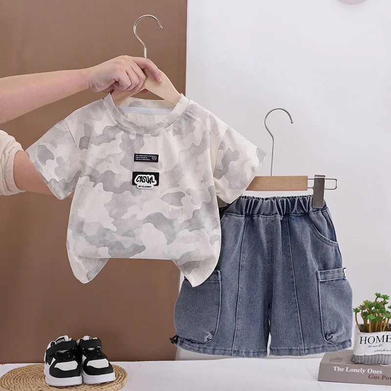 Korean Style Kids Boys 2pcs Set New Baby Boy Clothes Casual Camo Tees and Washed Denim Shorts Children Summer Outfit 0-5 Years