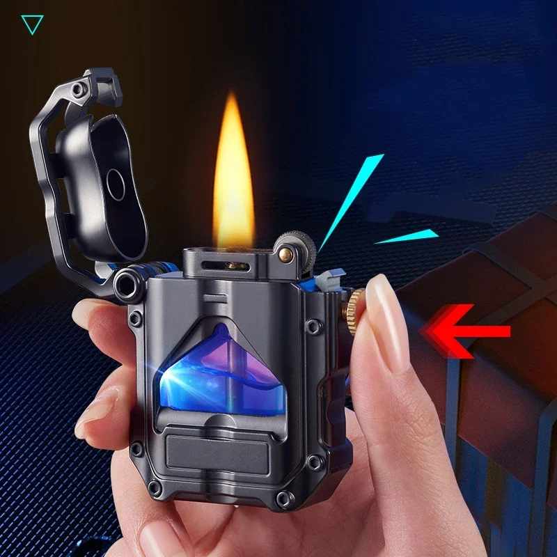 Creative Metal Machine Armor Kerosine Lighter LED Blue Light Transparent Oil Window One Click Ignition Smoke Accessories Gadget